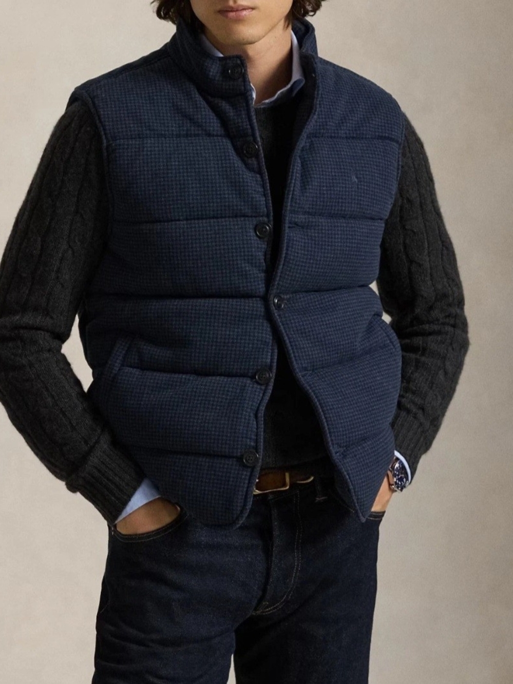 NWT Men's Polo Ralph Lauren Houndstooth Plaid Print Estate Rib Blue Vest Size L